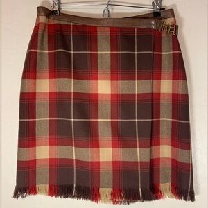 Jones New York Wrap Kilted Wool Plaid Skirt Leather Trim Side‎ Buckle Sz 10 0143